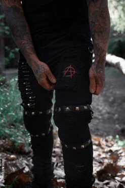 Annihilate Safety Pin Studded Pants -Vampirefreaks Sale Store anarychy symbol pants