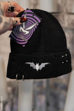 Distressed Pierced Beanie [White Bat] -Vampirefreaks Sale Store bat beanie