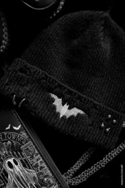 Distressed Pierced Beanie [White Bat] -Vampirefreaks Sale Store bat hats
