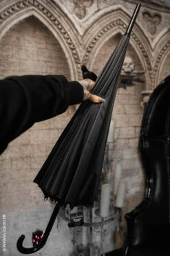 Batwing Pagoda Umbrella [BLACK/GRAY STRIPED] -Vampirefreaks Sale Store batwing pagoda umbrella blackgray striped umbrellas 603697