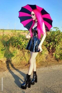 Batwing Pagoda Umbrella [BLACK/HOT PINK STRIPED] -Vampirefreaks Sale Store batwing pagoda umbrella blackhot pink striped umbrellas 309529