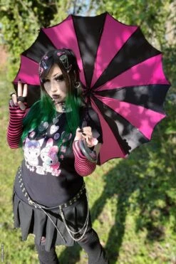 Batwing Pagoda Umbrella [BLACK/HOT PINK STRIPED] -Vampirefreaks Sale Store batwing pagoda umbrella blackhot pink striped umbrellas 632375
