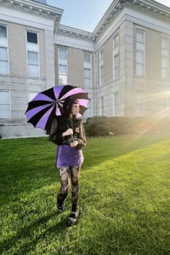 Batwing Pagoda Umbrella [BLACK/LIGHT PURPLE] -Vampirefreaks Sale Store batwing pagoda umbrella blackpurple striped umbrellas 427778