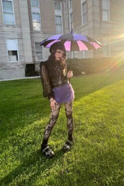 Batwing Pagoda Umbrella [BLACK/LIGHT PURPLE] -Vampirefreaks Sale Store batwing pagoda umbrella blackpurple striped umbrellas 891394