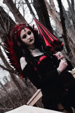 Batwing Pagoda Umbrella [BLACK/RED STRIPED] -Vampirefreaks Sale Store batwing pagoda umbrella blackred striped umbrellas 677685