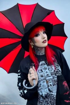 Batwing Pagoda Umbrella [BLACK/RED STRIPED] -Vampirefreaks Sale Store batwing pagoda umbrella blackred striped umbrellas 805038