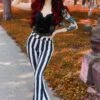 Black And White Striped Hellz Bellz Flares [BLACK/WHITE] -Vampirefreaks Sale Store black and white striped hellz bellz flares blackwhite womens bottoms 231616