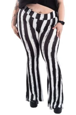 Black And White Striped Hellz Bellz Flares [BLACK/WHITE] -Vampirefreaks Sale Store black and white striped hellz bellz flares blackwhite womens bottoms 661462