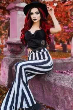 Black And White Striped Hellz Bellz Flares [BLACK/WHITE] -Vampirefreaks Sale Store black and white striped hellz bellz flares blackwhite womens bottoms 739873