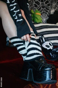 Love At First Bite Striped Leg Warmers [Black/White] -Vampirefreaks Sale Store black and white striped leg warmers