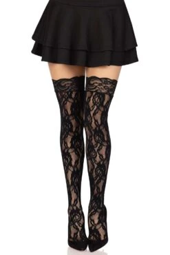 LEG AVENUE Black Blooms Thigh High Stockings