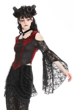 Blood Pact Embroidered Cold Shoulder Top -Vampirefreaks Sale Store blood pact embroidered cold shoulder top womens tops 287298