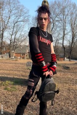 Bloodthirst Striped Leg Warmers [BLACK/RED] -Vampirefreaks Sale Store bloodthirst striped leg warmers blackred socks stockings 386342