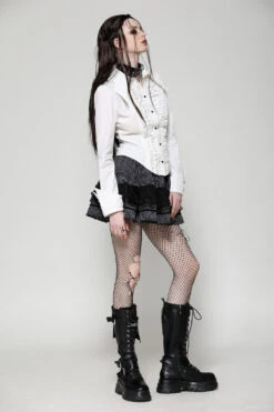 Candelabra Ruffle Button Up Shirt [Ghost White] -Vampirefreaks Sale Store coquette blouse