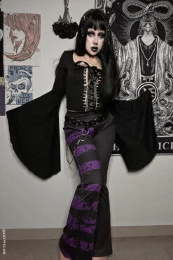 Dead Purple Striped Split Flares [Purple/Black] -Vampirefreaks Sale Store dead purple striped split flares purpleblack womens bottoms 943041