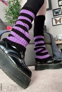 Dead Violets Striped Leg Warmers [Black/Purple] -Vampirefreaks Sale Store dead violets striped leg warmers blackpurple socks stockings 239821