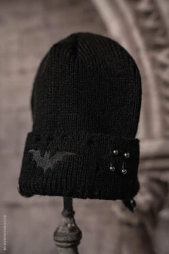 Distressed Pierced Beanie [Black Bat] -Vampirefreaks Sale Store distressed beanie