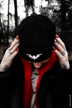 Distressed Pierced Beanie [White Bat] -Vampirefreaks Sale Store distressed hat