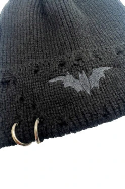 Distressed Pierced Beanie [Black Bat] -Vampirefreaks Sale Store embroiderd bat beanie
