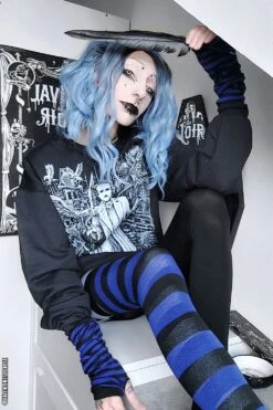 Emo Striped Arm Warmers [BLACK/BLUE] -Vampirefreaks Sale Store emo striped arm warmers blackblue gloves armwarmers 414110