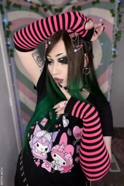 Emo Striped Arm Warmers [Black/Hot Pink] -Vampirefreaks Sale Store emo striped arm warmers blackhot pink gloves armwarmers 970701