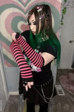 Emo Striped Arm Warmers [Black/Hot Pink] -Vampirefreaks Sale Store emo striped arm warmers blackhot pink gloves armwarmers 989854