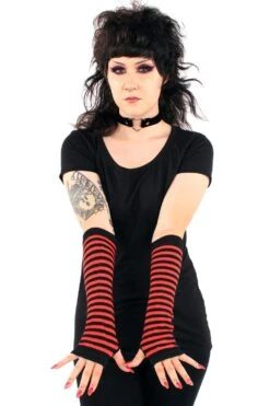 Emo Striped Arm Warmers [Black/Red] -Vampirefreaks Sale Store emo striped arm warmers blackred gloves armwarmers 168312