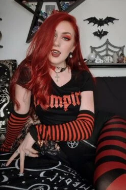 Emo Striped Arm Warmers [Black/Red] -Vampirefreaks Sale Store emo striped arm warmers blackred gloves armwarmers 442703