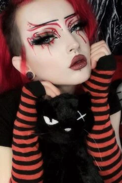 Emo Striped Arm Warmers [Black/Red] -Vampirefreaks Sale Store emo striped arm warmers blackred gloves armwarmers 600619