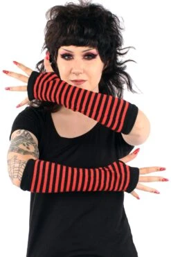 Emo Striped Arm Warmers [Black/Red] -Vampirefreaks Sale Store emo striped arm warmers blackred gloves armwarmers 754976