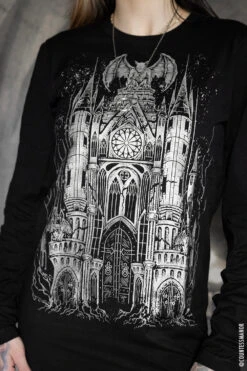 Gargoyle Cathedral T-shirt [METALLIC SILVER] -Vampirefreaks Sale Store gargoyle cathedral t shirt metallic silver graphic t shirt 473234