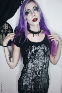 Gargoyle Cathedral T-shirt [METALLIC SILVER] -Vampirefreaks Sale Store gargoyle cathedral t shirt metallic silver graphic t shirt 819026