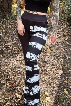 Ghost White Striped Split Flares [Black/White] -Vampirefreaks Sale Store ghost white striped split flares blackwhite womens bottoms 220818