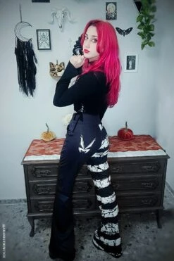 Ghost White Striped Split Flares [Black/White] -Vampirefreaks Sale Store ghost white striped split flares blackwhite womens bottoms 794640