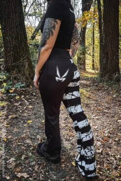Ghost White Striped Split Flares [Black/White] -Vampirefreaks Sale Store ghost white striped split flares blackwhite womens bottoms 975431