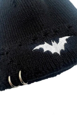 Distressed Pierced Beanie [White Bat] -Vampirefreaks Sale Store gothic bat hat