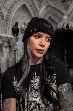 Distressed Pierced Beanie [Black Bat] -Vampirefreaks Sale Store gothic beanies