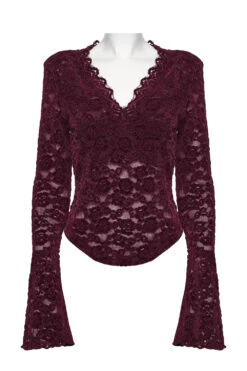 Merlot Long Sleeve Lace Shirt [Red] -Vampirefreaks Sale Store gothic lace top