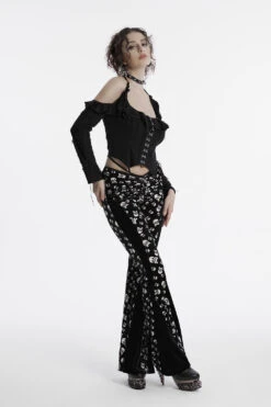 Skull And Crossbones Velvet Flares [Black/White] -Vampirefreaks Sale Store grunge flares