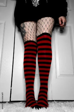 Fishnet Garter Thigh High Socks [Black/Red] -Vampirefreaks Sale Store grunge tights