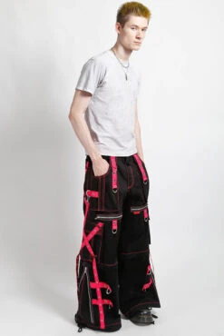 Tripp NYC X-Strap Zip Off Pants [Black/Pink] -Vampirefreaks Sale Store hot pink cybergoth pants