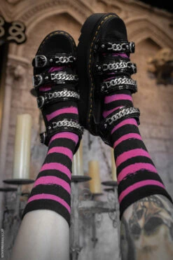 Creepy Crew Socks [Pink/Black Stripes] -Vampirefreaks Sale Store kawaii striped socks