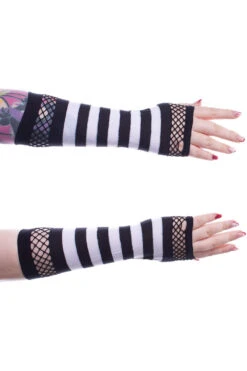 Striped Mesh Gloves [BLACK/WHITE] -Vampirefreaks Sale Store knitted gloves