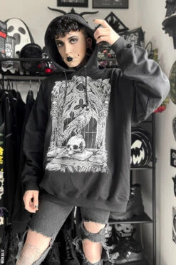 Quoth The Raven Hoodie [GRAY] -Vampirefreaks Sale Store mens oversized street goth hoodie