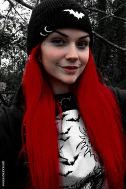 Distressed Pierced Beanie [White Bat] -Vampirefreaks Sale Store pierced punk beanie