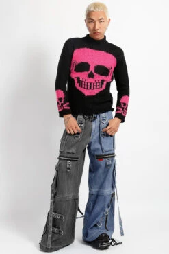 Tripp NYC X-Strap Split Denim Pants [BLACK DENIM/INDIGO BLUE] -Vampirefreaks Sale Store punk clothes for men