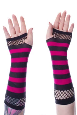 Striped Mesh Gloves [BLACK/PINK] -Vampirefreaks Sale Store punk fishnet gloves