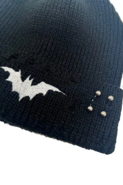 Distressed Pierced Beanie [White Bat] -Vampirefreaks Sale Store punk rock beanie