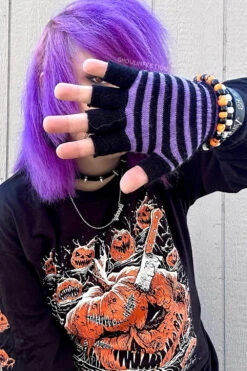 Striped Fingerless Gloves [Multiple Colors Available] -Vampirefreaks Sale Store purple gloves