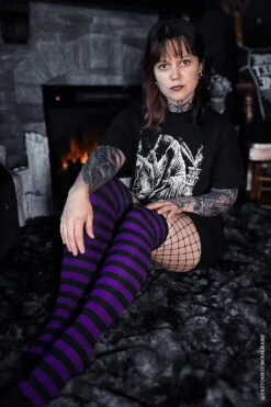 Fishnet Garter Thigh High Socks [Black/Purple] -Vampirefreaks Sale Store purple kawaii stockings